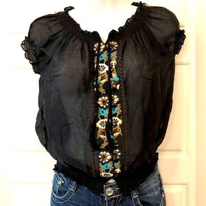 WYL Embroidered sheer boho pattern Black with tie closure S